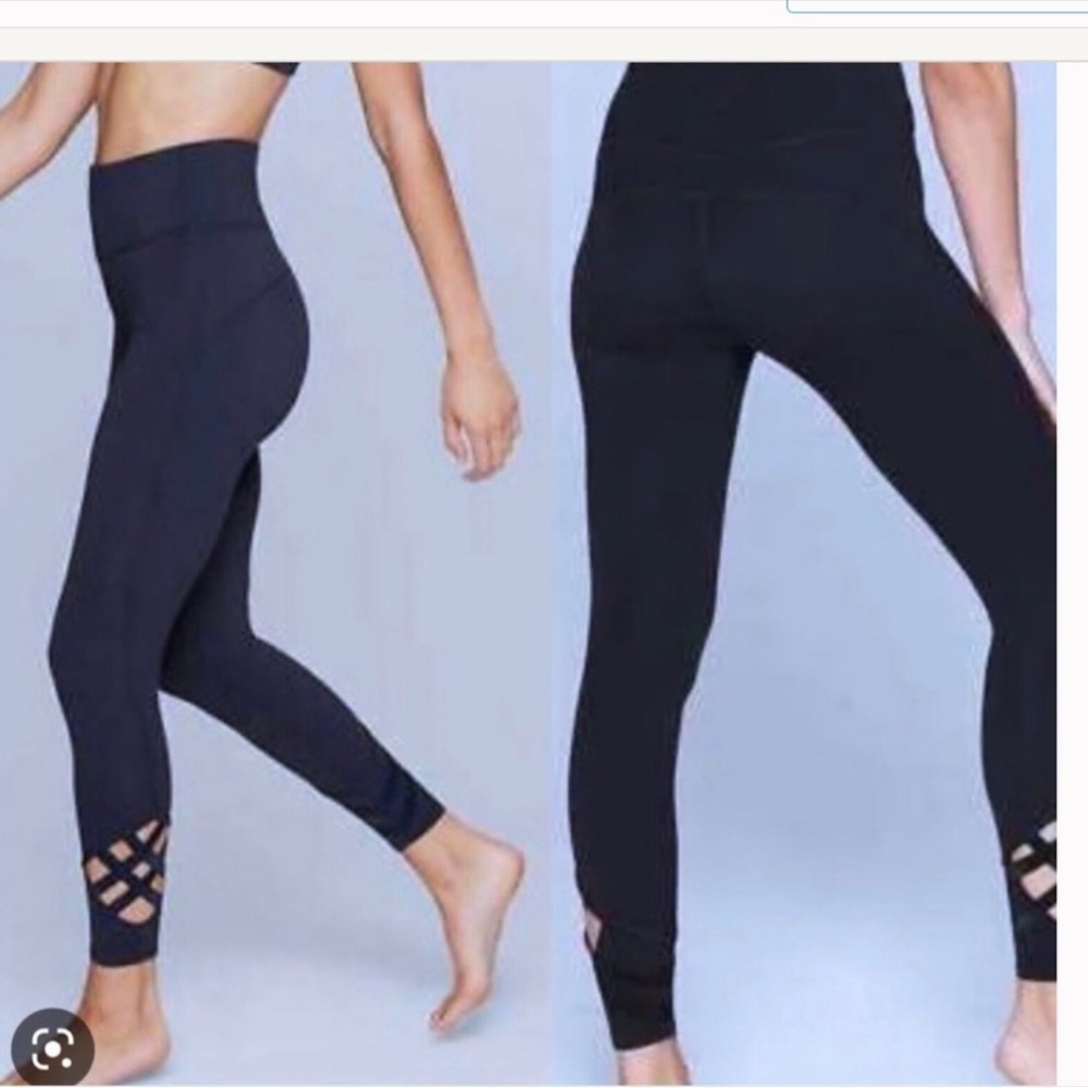 Athleta Sublime High Rise Navy Blue Leggings w/Elastic Ribbon Criss Cross Detail